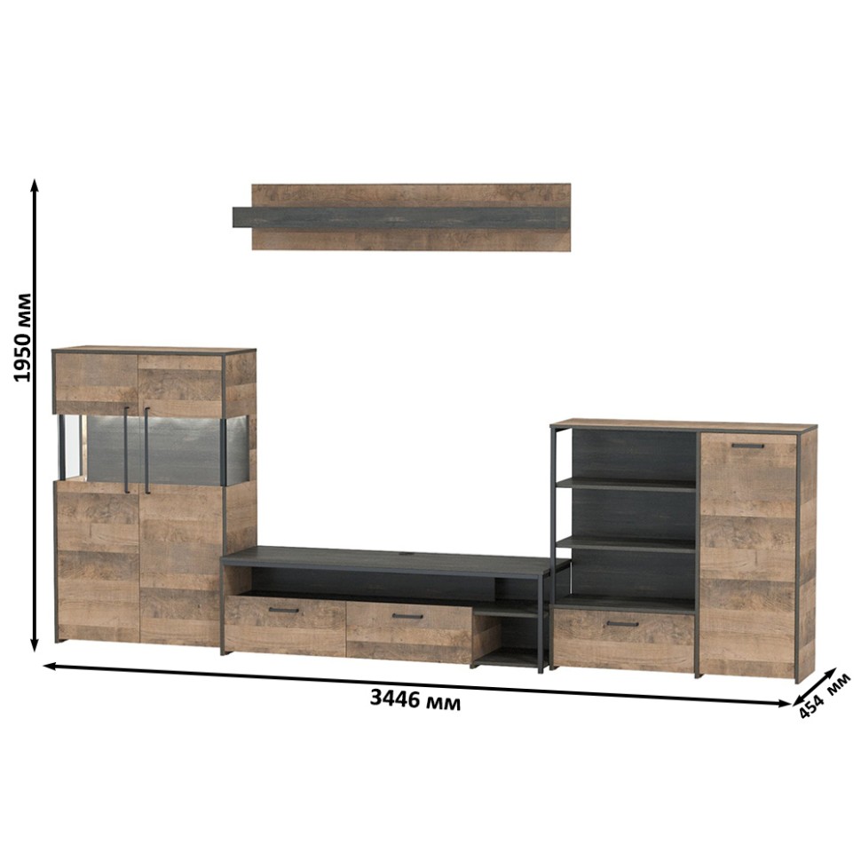 Трувор Гостиная 053, цвет дуб гранж песочный/интра, ШхГхВ 344,6х45,4х195 см., универсальная сборка