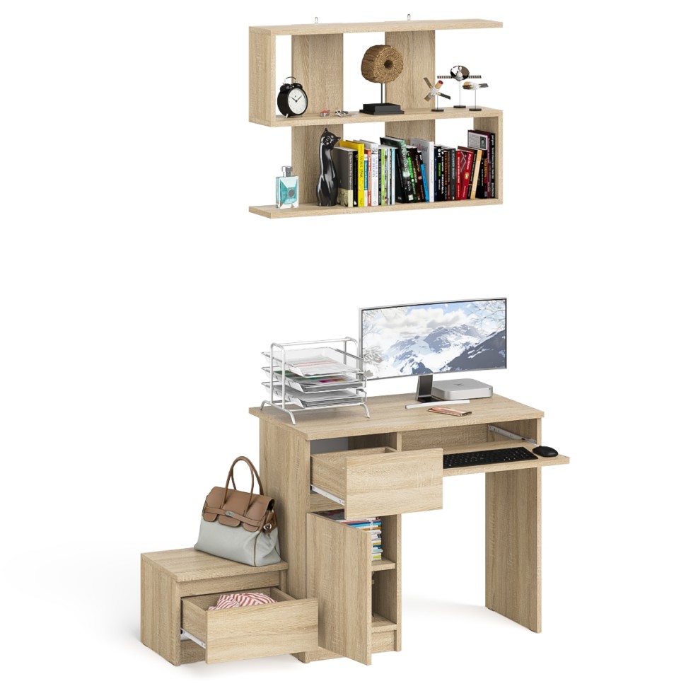 Мори Стол компьютерный МС-1 левый + Тумба ТМП400.1 + Полка 900, цвет дуб сонома, ШхГхВ 130,4х50х209,6 см., НЕ универсальная сборка