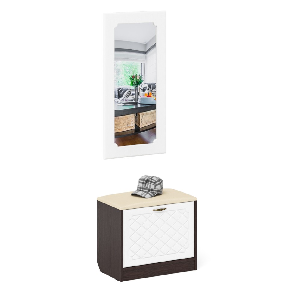 Прихожая П-6 Тумба + Зеркало, цвет венге/фасады МДФ белое дерево фрезеровка ромб, ШхГхВ 60х35х200 см.