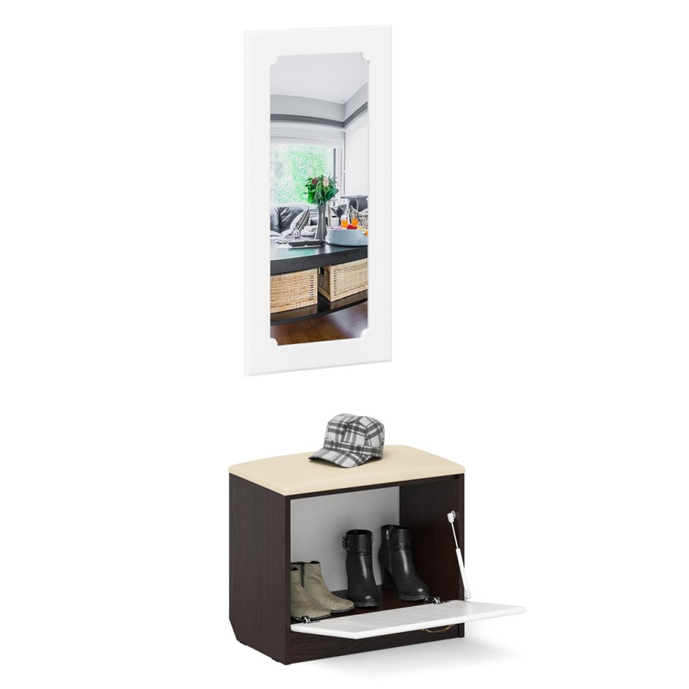 Прихожая П-6 Тумба + Зеркало, цвет венге/фасады МДФ белое дерево фрезеровка ромб, ШхГхВ 60х35х200 см.
