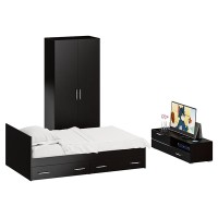 Спальня Стандарт 3-1200Я, цвет венге/фасады ТВ тумбы МДФ чёрный глянец, сп.м. 1200х2000 мм., без матраса, основание есть