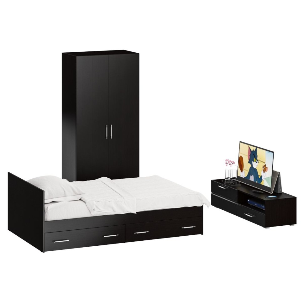 Спальня Стандарт 3-1200Я, цвет венге/фасады ТВ тумбы МДФ чёрный глянец, сп.м. 1200х2000 мм., без матраса, основание есть