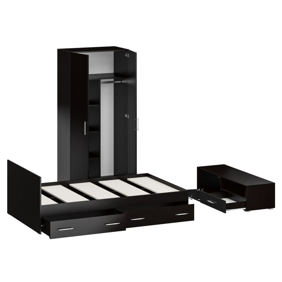 Спальня Стандарт 3-1200Я, цвет венге/фасады ТВ тумбы МДФ чёрный глянец, сп.м. 1200х2000 мм., без матраса, основание есть