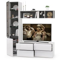 Сидней Комплектация № 008, цвет корпус: белый/чёрный/фасады: МДФ белый глянец, ШхГхВ 179,9х41,3х205,2 см., ниша для ТВ 129х41х98 см., универс. сборка