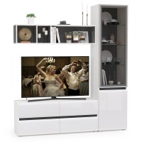 Сидней Комплектация № 008, цвет корпус: белый/чёрный/фасады: МДФ белый глянец, ШхГхВ 179,9х41,3х205,2 см., ниша для ТВ 129х41х98 см., универс. сборка