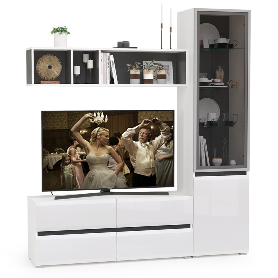 Сидней Комплектация № 008, цвет корпус: белый/чёрный/фасады: МДФ белый глянец, ШхГхВ 179,9х41,3х205,2 см., ниша для ТВ 129х41х98 см., универс. сборка