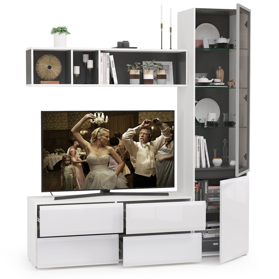 Сидней Комплектация № 008, цвет корпус: белый/чёрный/фасады: МДФ белый глянец, ШхГхВ 179,9х41,3х205,2 см., ниша для ТВ 129х41х98 см., универс. сборка