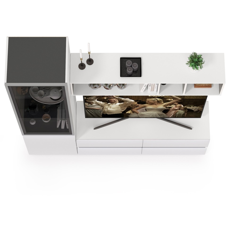 Сидней Комплектация № 008, цвет корпус: белый/чёрный/фасады: МДФ белый глянец, ШхГхВ 179,9х41,3х205,2 см., ниша для ТВ 129х41х98 см., универс. сборка