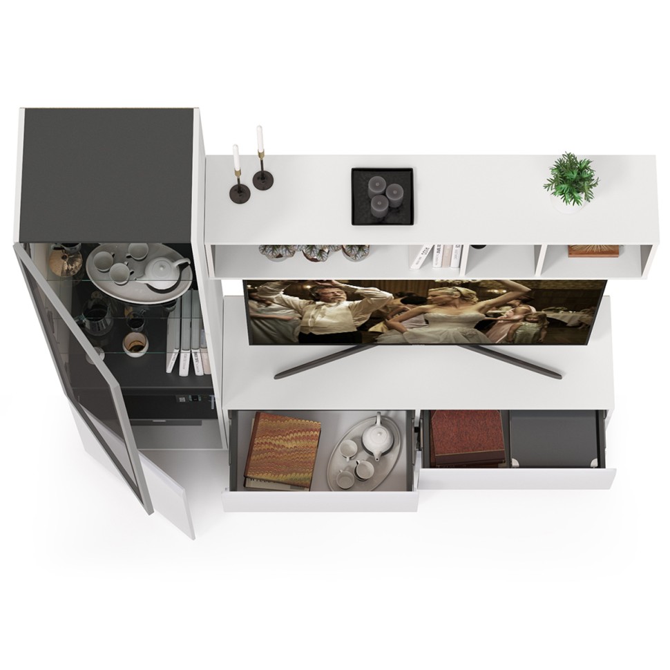 Сидней Комплектация № 008, цвет корпус: белый/чёрный/фасады: МДФ белый глянец, ШхГхВ 179,9х41,3х205,2 см., ниша для ТВ 129х41х98 см., универс. сборка