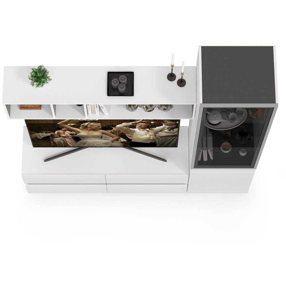 Сидней Комплектация № 008, цвет корпус: белый/чёрный/фасады: МДФ белый глянец, ШхГхВ 179,9х41,3х205,2 см., ниша для ТВ 129х41х98 см., универс. сборка