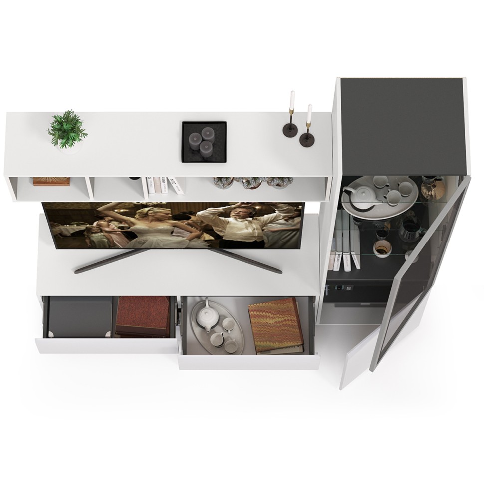 Сидней Комплектация № 008, цвет корпус: белый/чёрный/фасады: МДФ белый глянец, ШхГхВ 179,9х41,3х205,2 см., ниша для ТВ 129х41х98 см., универс. сборка