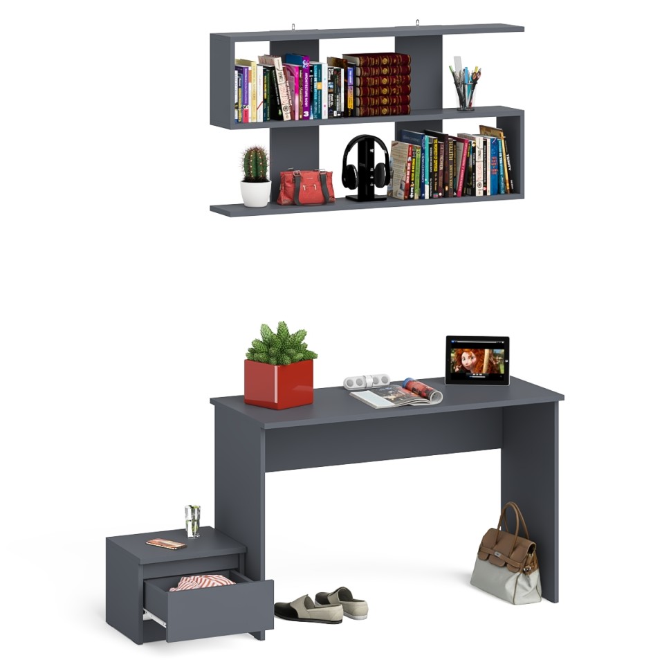 Мори Стол письменный МСП1200.1 + Тумба ТМП400.1 + Полка 1200, цвет графит, ШхГхВ 160,8х50х209,6 см., универсальная сборка