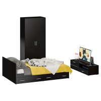 Спальня Стандарт 3-1400Я, цвет венге/фасады ТВ тумбы МДФ чёрный глянец, сп.м. 1400х2000 мм., без матраса, основание есть