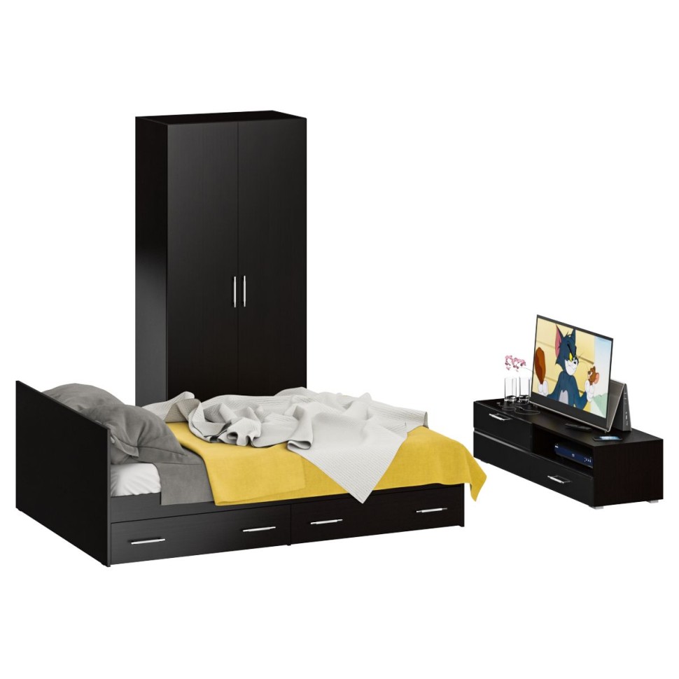 Спальня Стандарт 3-1400Я, цвет венге/фасады ТВ тумбы МДФ чёрный глянец, сп.м. 1400х2000 мм., без матраса, основание есть