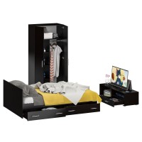 Спальня Стандарт 3-1400Я, цвет венге/фасады ТВ тумбы МДФ чёрный глянец, сп.м. 1400х2000 мм., без матраса, основание есть