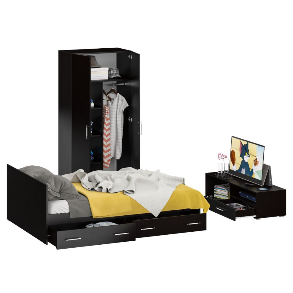 Спальня Стандарт 3-1400Я, цвет венге/фасады ТВ тумбы МДФ чёрный глянец, сп.м. 1400х2000 мм., без матраса, основание есть
