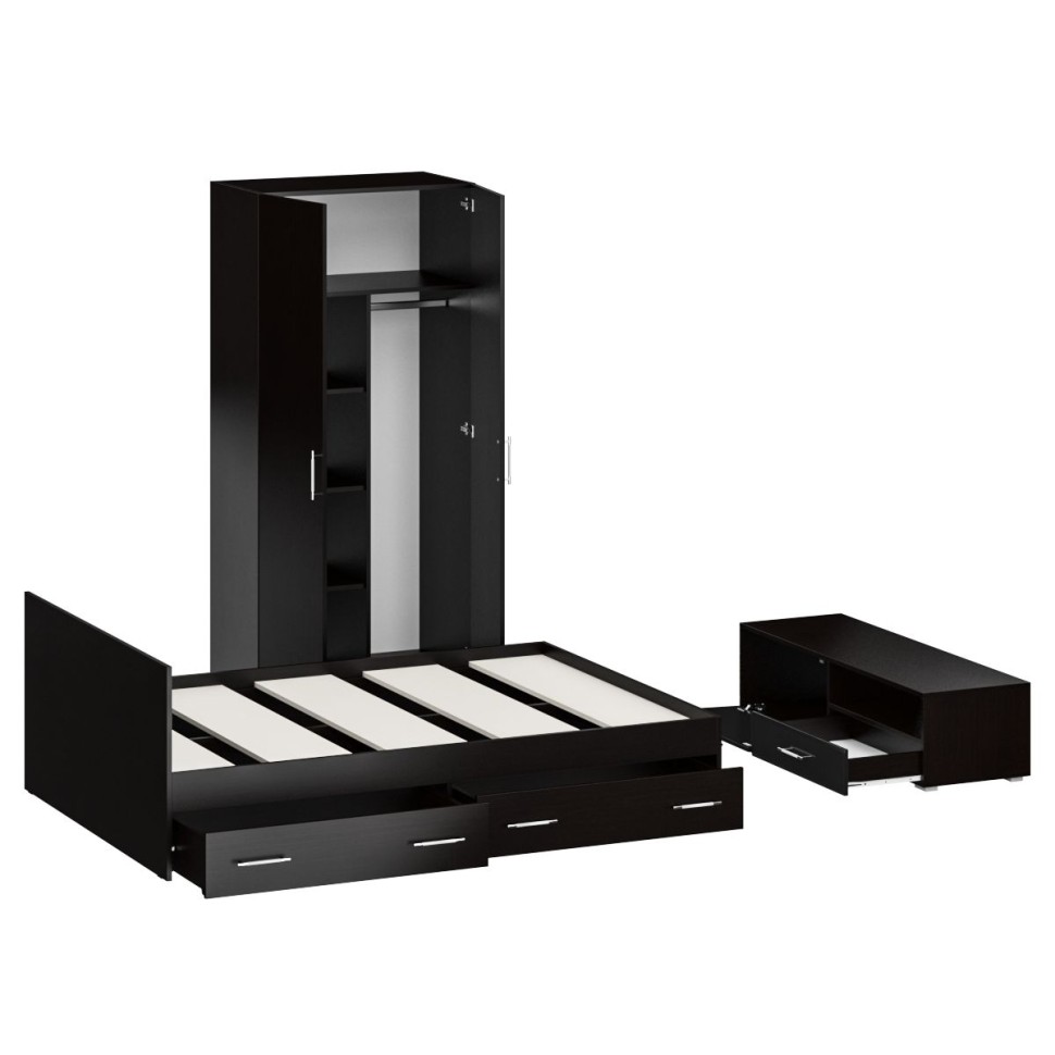 Спальня Стандарт 3-1400Я, цвет венге/фасады ТВ тумбы МДФ чёрный глянец, сп.м. 1400х2000 мм., без матраса, основание есть