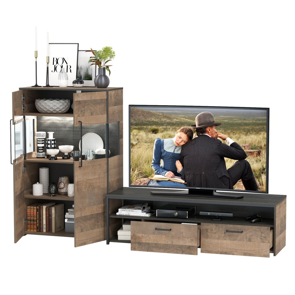 Трувор 13.70 Тумба под ТВ + 13.306 Комод с витриной, цвет дуб гранж песочный/интра, ШхГхВ 235,6х45,4х135,3 см., универсальная сборка