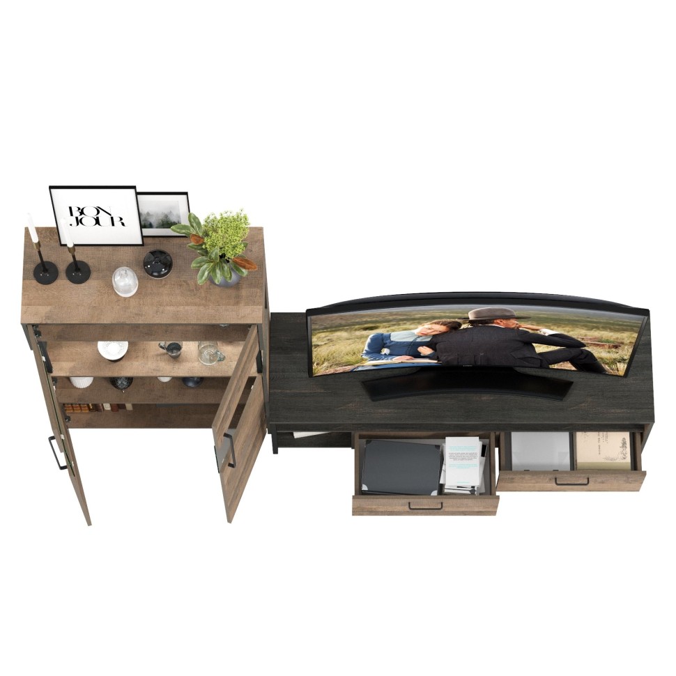 Трувор 13.70 Тумба под ТВ + 13.306 Комод с витриной, цвет дуб гранж песочный/интра, ШхГхВ 235,6х45,4х135,3 см., универсальная сборка