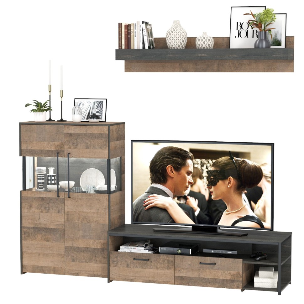 Трувор 13.70 Тумба под ТВ + 13.306 Комод с витриной, цвет дуб гранж песочный/интра, ШхГхВ 235,6х45,4х135,3 см., универсальная сборка