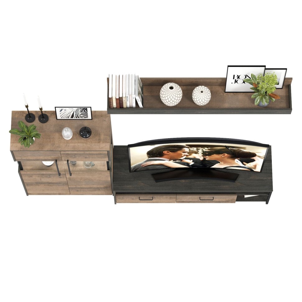 Трувор 13.70 Тумба под ТВ + 13.306 Комод с витриной, цвет дуб гранж песочный/интра, ШхГхВ 235,6х45,4х135,3 см., универсальная сборка