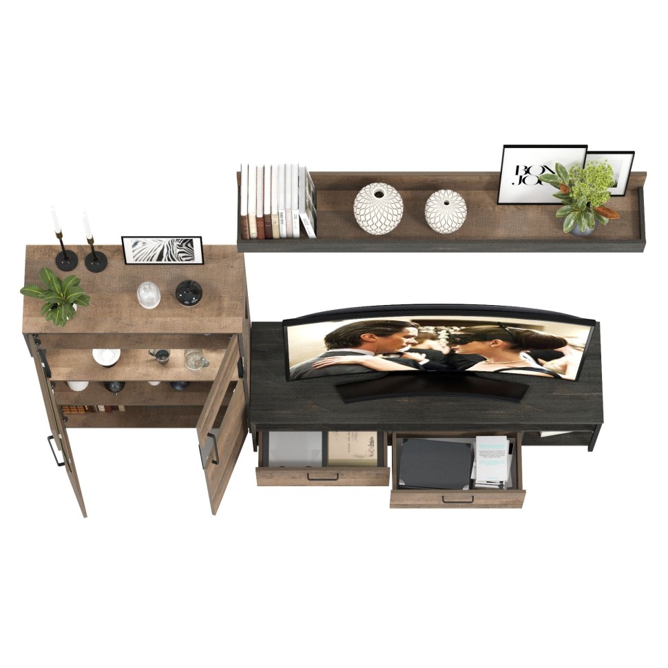 Трувор 13.70 Тумба под ТВ + 13.306 Комод с витриной, цвет дуб гранж песочный/интра, ШхГхВ 235,6х45,4х135,3 см., универсальная сборка