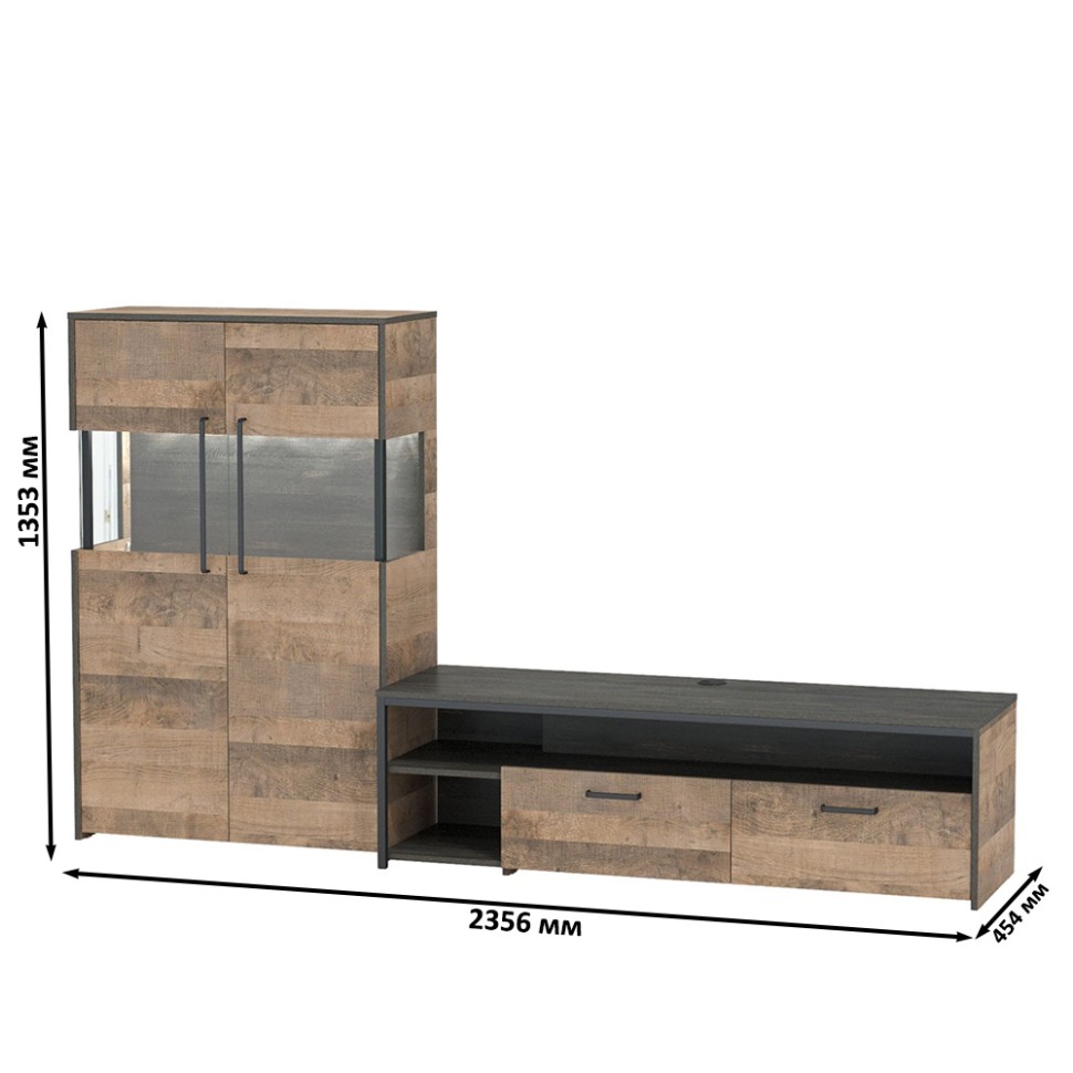 Трувор 13.70 Тумба под ТВ + 13.306 Комод с витриной, цвет дуб гранж песочный/интра, ШхГхВ 235,6х45,4х135,3 см., универсальная сборка