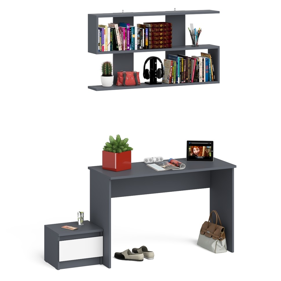 Мори Стол письменный МСП1200.1 + Тумба ТМП400.1 + Полка 1200, цвет графит/белый, ШхГхВ 160,8х50х209,6 см., универсальная сборка