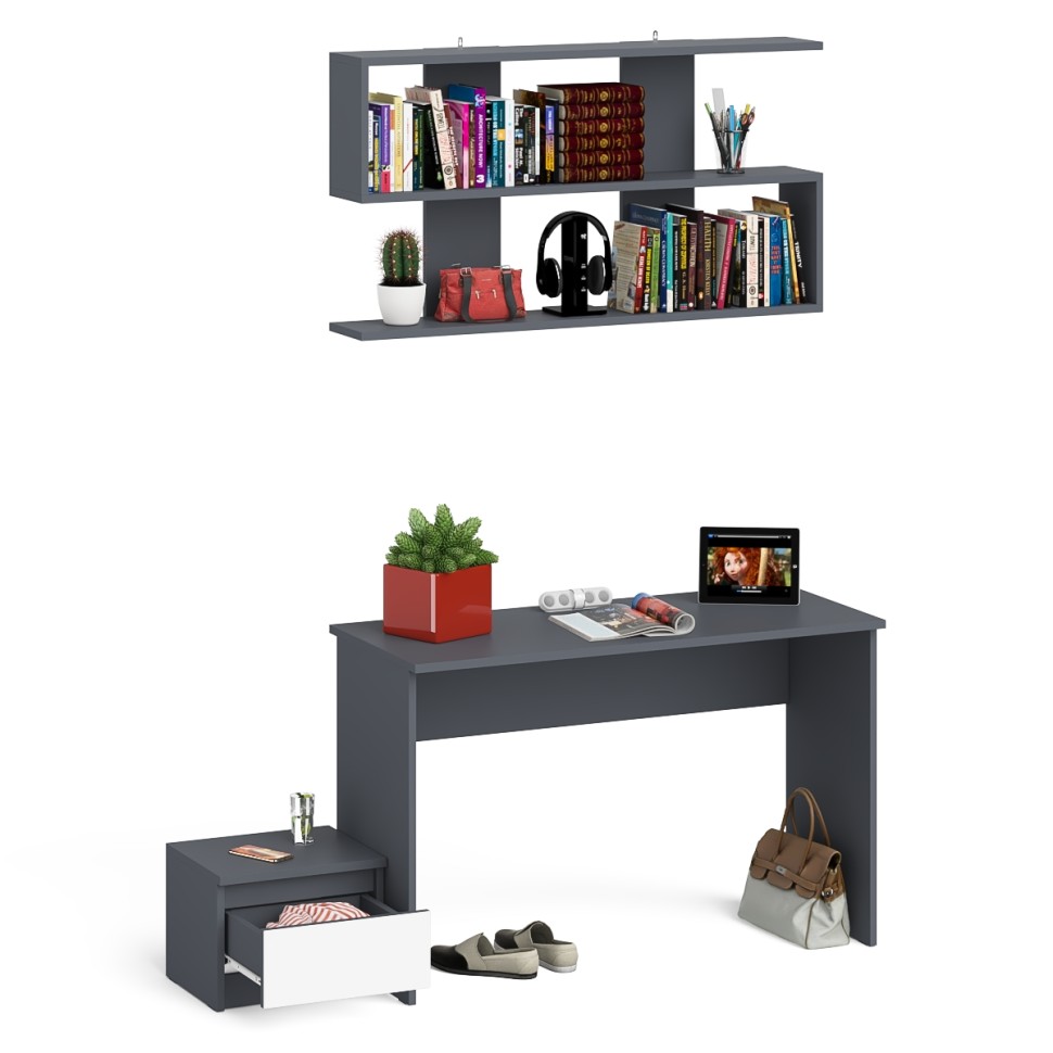 Мори Стол письменный МСП1200.1 + Тумба ТМП400.1 + Полка 1200, цвет графит/белый, ШхГхВ 160,8х50х209,6 см., универсальная сборка