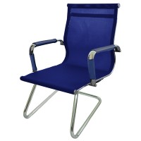 Кресло Барбара Стиль 2ХС (КЗ СИН), сетка синяя, низкая спинка, хромированные ПОЛОЗЬЯ !!! и подлокотники(обтянуты эко-кожей цвет КЗ СИН синий)