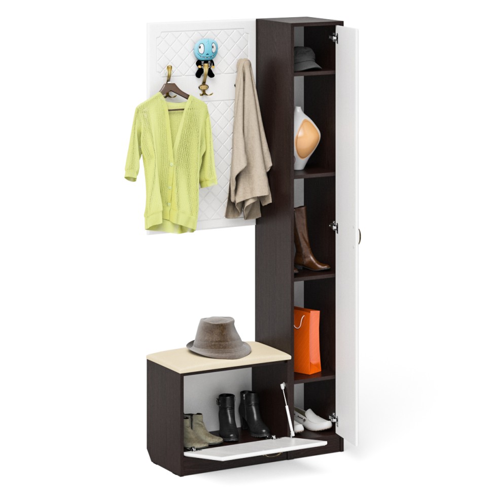 Прихожая П-6 Компоновка № 21, цвет венге/фасады МДФ белое дерево фрезеровка ромб, ШхГхВ 90х35х210 см., универсальная сборка