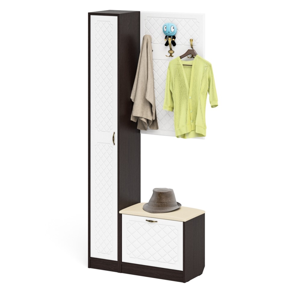 Прихожая П-6 Компоновка № 21, цвет венге/фасады МДФ белое дерево фрезеровка ромб, ШхГхВ 90х35х210 см., универсальная сборка