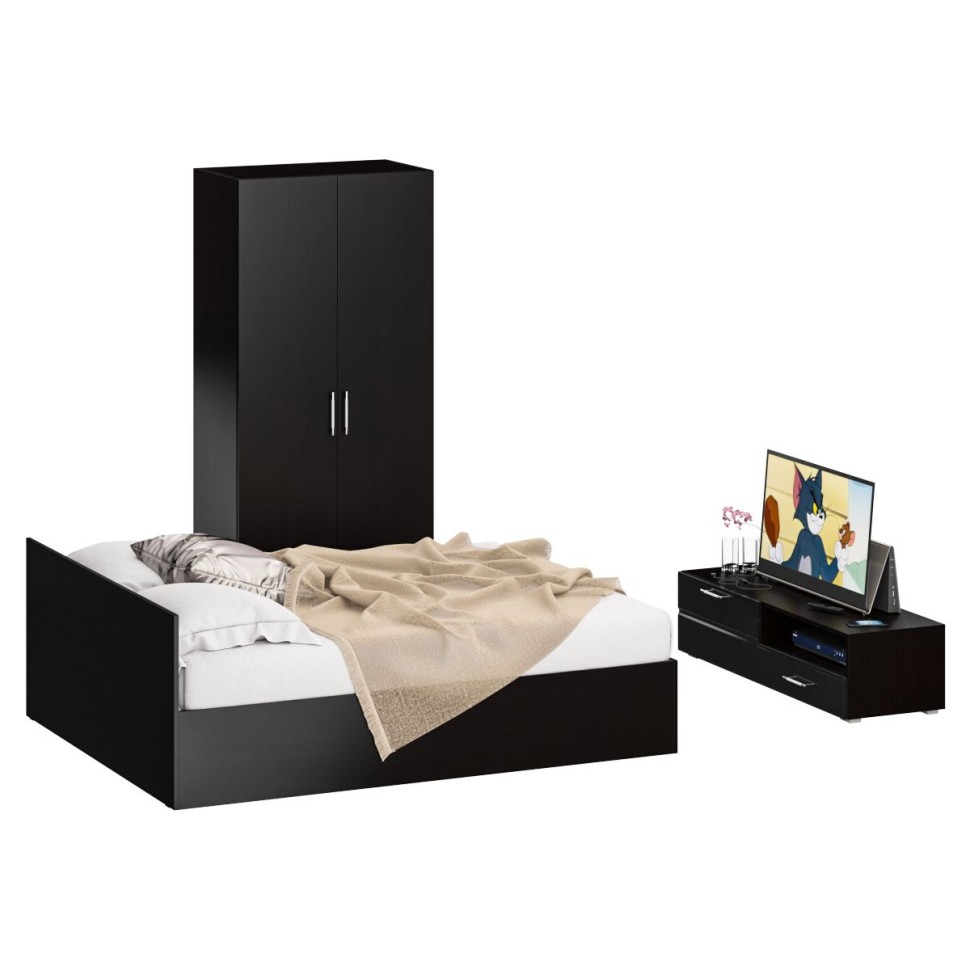 Спальня Стандарт 3-1600, цвет венге/фасады ТВ тумбы МДФ чёрный глянец, сп.м. 1600х2000 мм., без матраса, основание есть