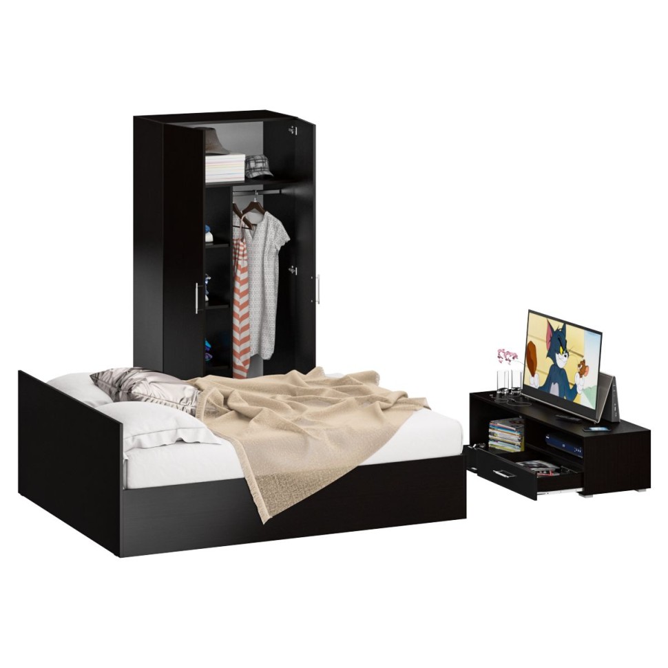 Спальня Стандарт 3-1600, цвет венге/фасады ТВ тумбы МДФ чёрный глянец, сп.м. 1600х2000 мм., без матраса, основание есть