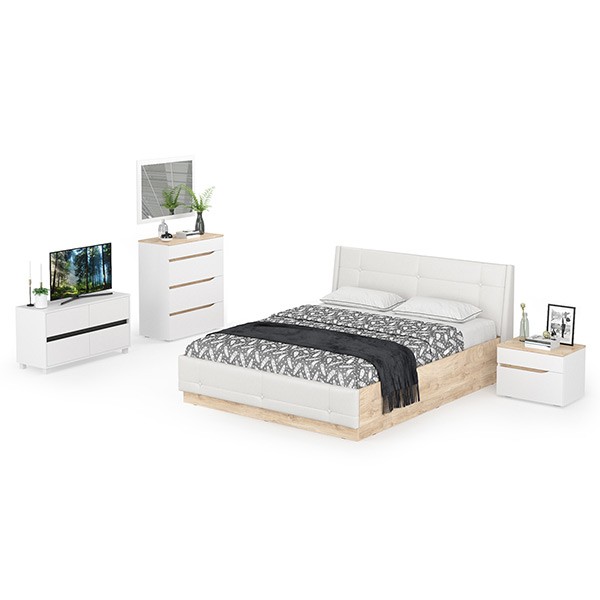 СНЯТО Муссон Кровать 11.28 + под. орт. + 16.03 + 13.97 + Зеркало + Тумба ТВ 13.277, белый/чёрный/дуб эндгрейн элегантный/кожзам белый, 1600х2000, б/м