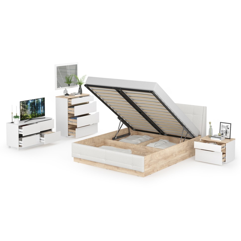 СНЯТО Муссон Кровать 11.28 + под. орт. + 16.03 + 13.97 + Зеркало + Тумба ТВ 13.277, белый/чёрный/дуб эндгрейн элегантный/кожзам белый, 1600х2000, б/м