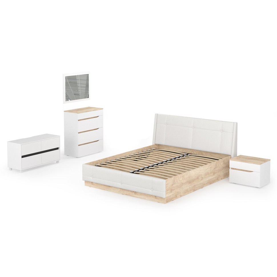 СНЯТО Муссон Кровать 11.28 + под. орт. + 16.03 + 13.97 + Зеркало + Тумба ТВ 13.277, белый/чёрный/дуб эндгрейн элегантный/кожзам белый, 1600х2000, б/м