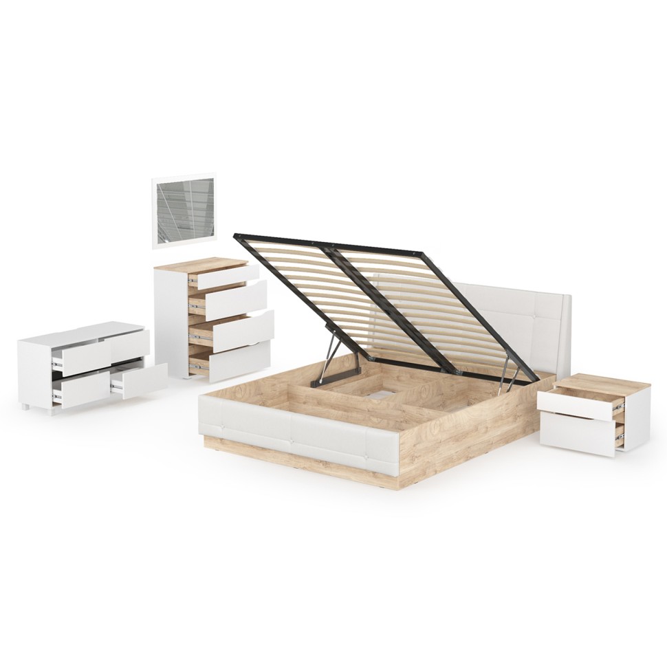 СНЯТО Муссон Кровать 11.28 + под. орт. + 16.03 + 13.97 + Зеркало + Тумба ТВ 13.277, белый/чёрный/дуб эндгрейн элегантный/кожзам белый, 1600х2000, б/м