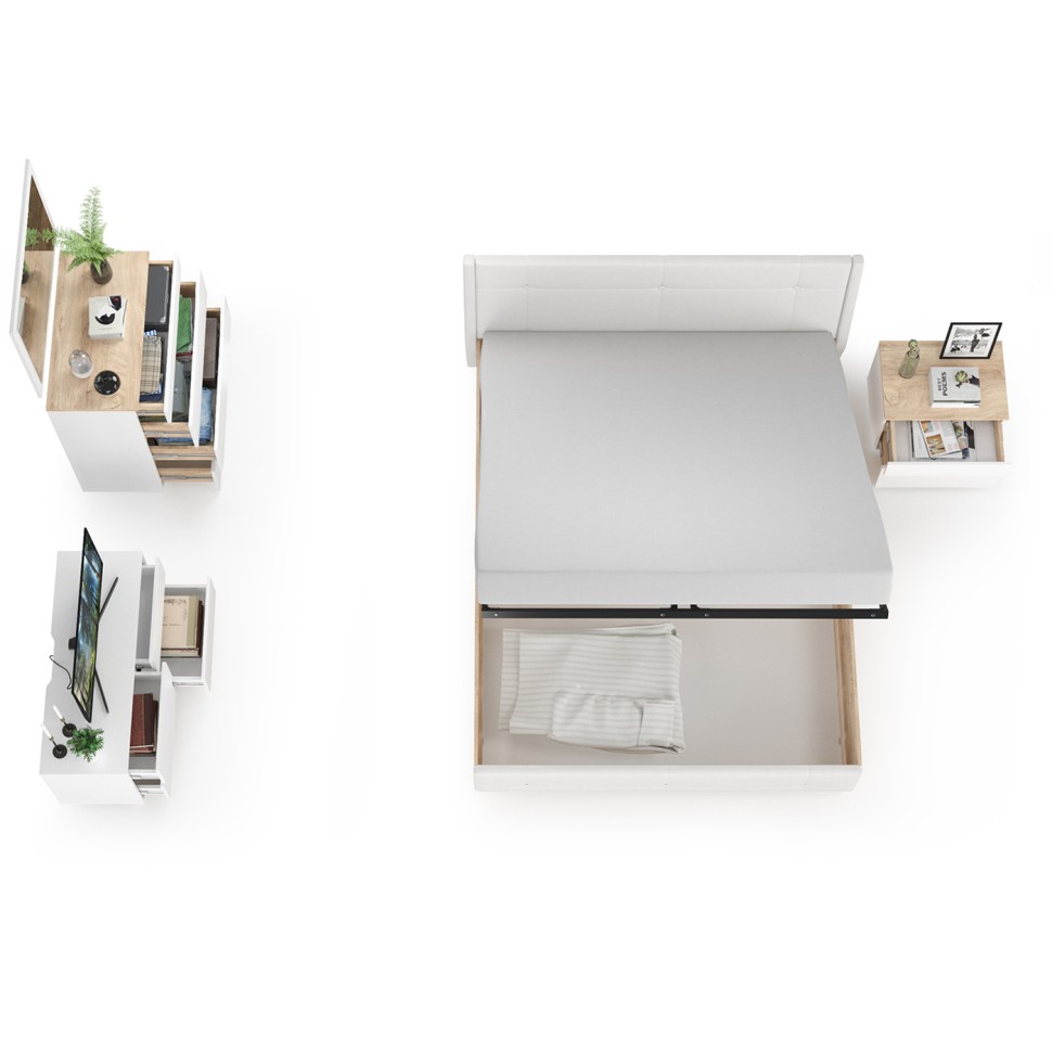 СНЯТО Муссон Кровать 11.28 + под. орт. + 16.03 + 13.97 + Зеркало + Тумба ТВ 13.277, белый/чёрный/дуб эндгрейн элегантный/кожзам белый, 1600х2000, б/м