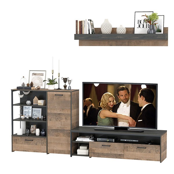 Трувор 13.70 Тумба под ТВ + 13.307.01 Комод + 15.60 Полка, цвет дуб гранж песочный/интра, ШхГхВ 258,8х45,4х195 см., универсальная сборка