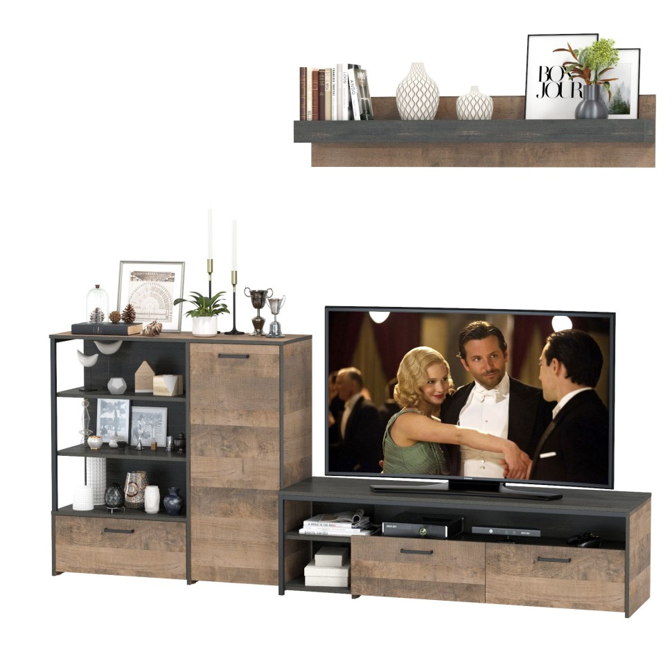 Трувор 13.70 Тумба под ТВ + 13.307.01 Комод + 15.60 Полка, цвет дуб гранж песочный/интра, ШхГхВ 258,8х45,4х195 см., универсальная сборка