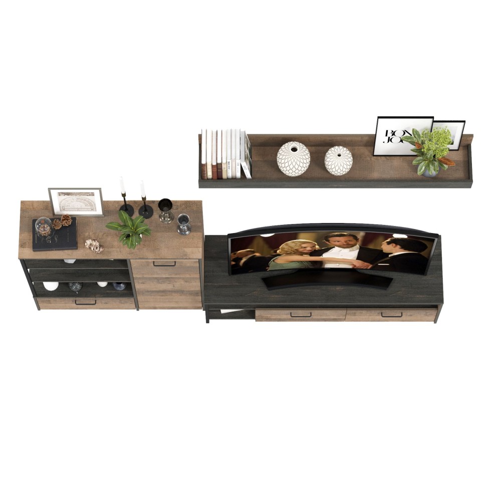 Трувор 13.70 Тумба под ТВ + 13.307.01 Комод + 15.60 Полка, цвет дуб гранж песочный/интра, ШхГхВ 258,8х45,4х195 см., универсальная сборка