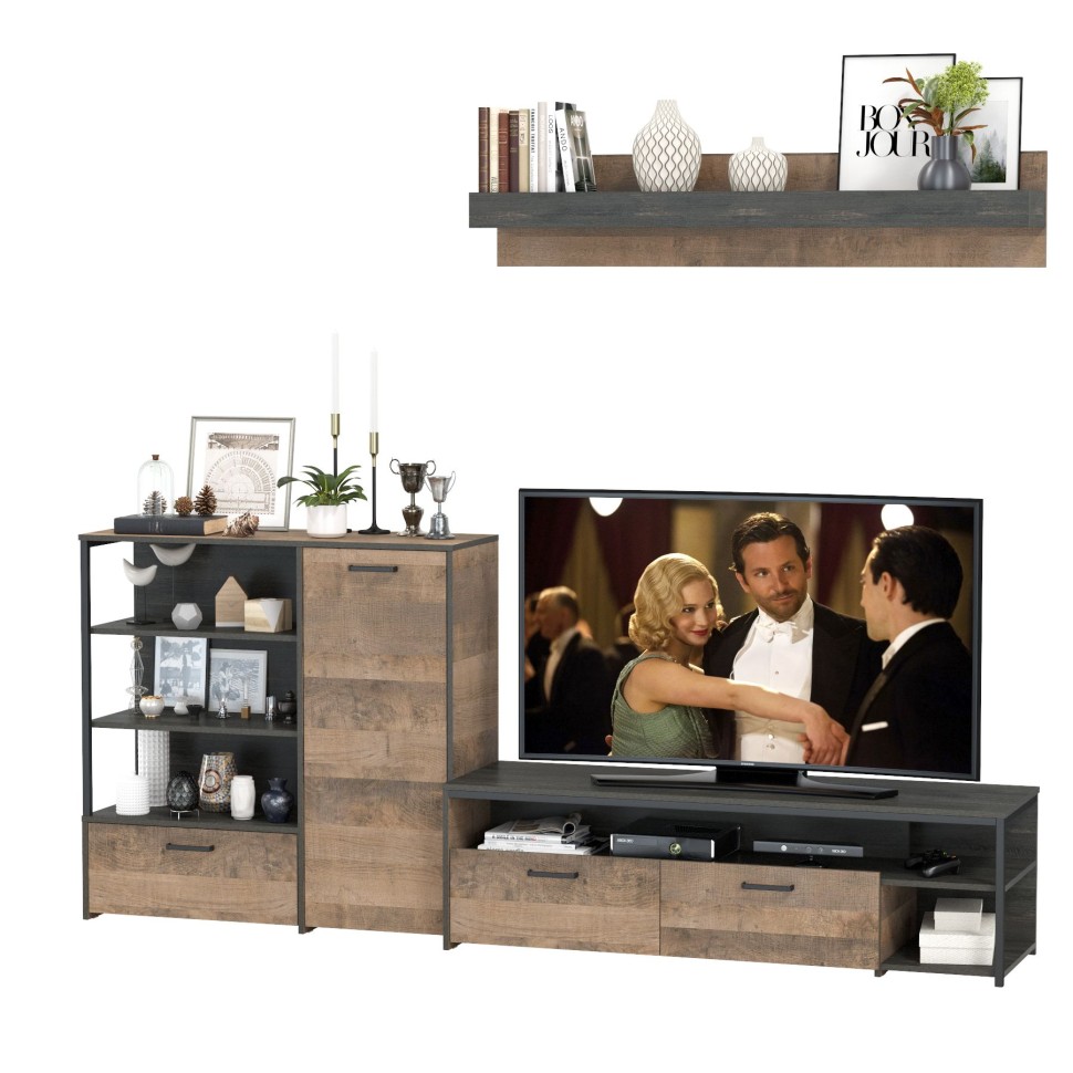 Трувор 13.70 Тумба под ТВ + 13.307.01 Комод + 15.60 Полка, цвет дуб гранж песочный/интра, ШхГхВ 258,8х45,4х195 см., универсальная сборка