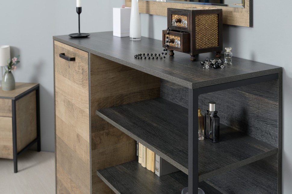 Трувор 13.70 Тумба под ТВ + 13.307.01 Комод + 15.60 Полка, цвет дуб гранж песочный/интра, ШхГхВ 258,8х45,4х195 см., универсальная сборка