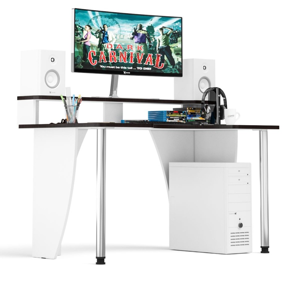 Стол компьютерный с надстройкой С-МД-СК2Н-1360-750, цвет белый/кромка венге, ШхГхВ 136х75х91(75) см., опора хром D50 мм., столешница 22 мм.