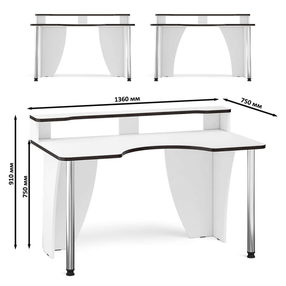 Стол компьютерный с надстройкой С-МД-СК2Н-1360-750, цвет белый/кромка венге, ШхГхВ 136х75х91(75) см., опора хром D50 мм., столешница 22 мм.