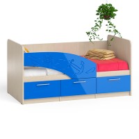 ЭКСПОЗИЦИЯ Кровать детская Капитан 1,6Л ЛЕВАЯ, цвет дуб атланта/синий глянец, ШхГхВ 163,5х85х80 см., в РАЗОБРАННОМ ВИДЕ