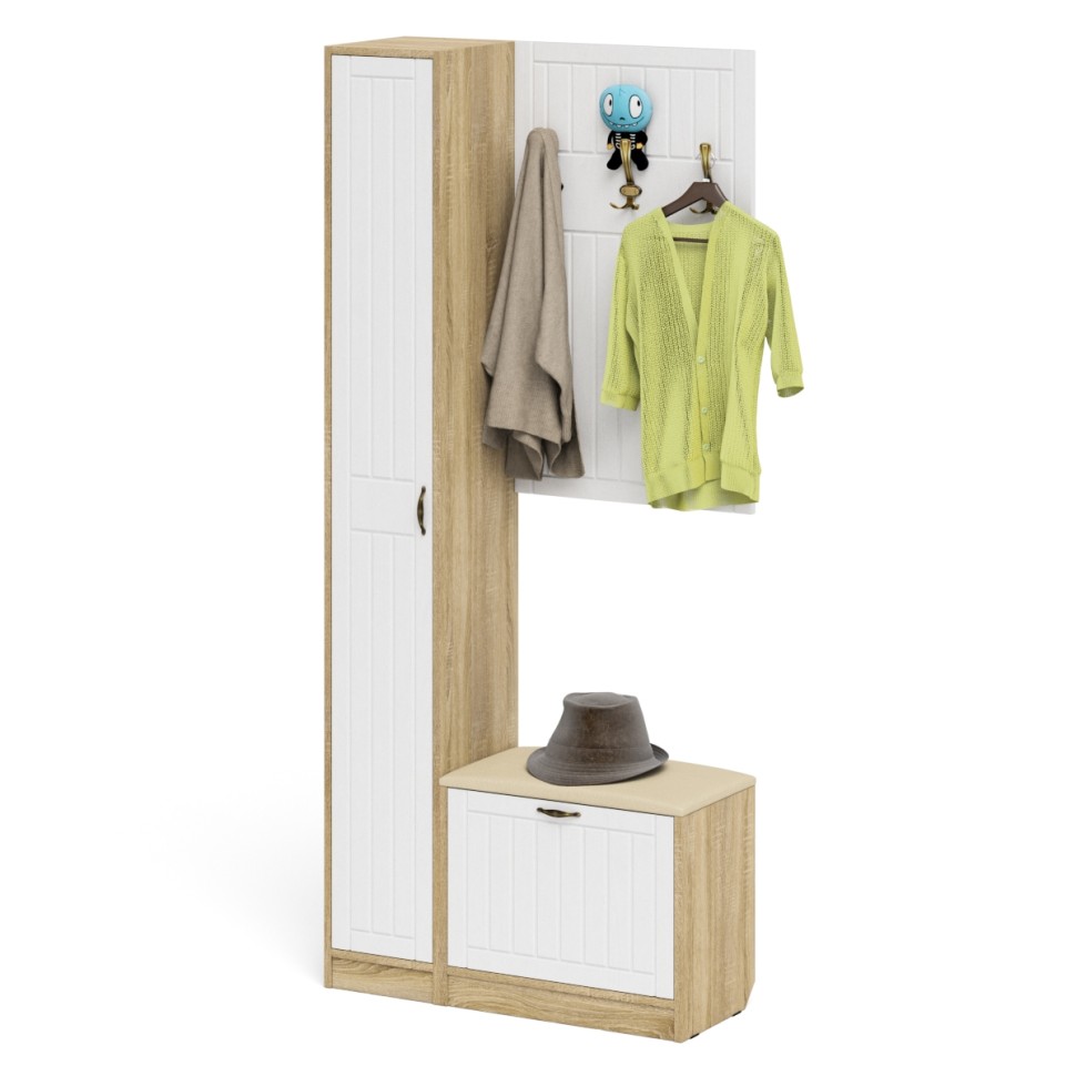 Прихожая П-6 Компоновка № 21, цвет дуб сонома/фасады МДФ белое дерево фрезеровка прованс, ШхГхВ 90х35х210 см., универсальная сборка