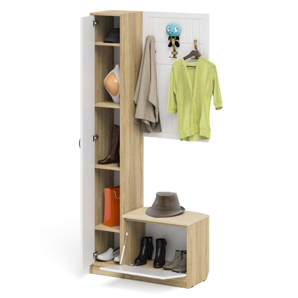 Прихожая П-6 Компоновка № 21, цвет дуб сонома/фасады МДФ белое дерево фрезеровка прованс, ШхГхВ 90х35х210 см., универсальная сборка