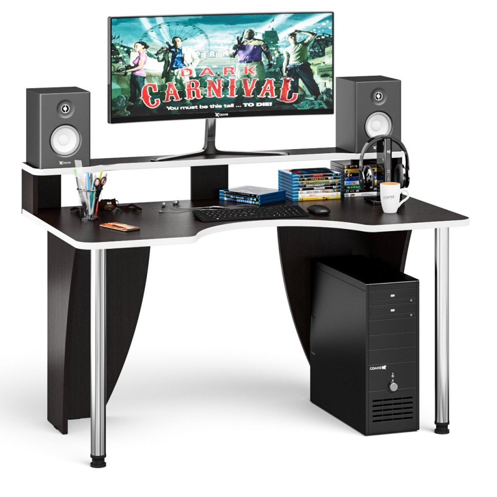 Стол компьютерный с надстройкой С-МД-СК2Н-1360-750, цвет венге/кромка белая, ШхГхВ 136х75х91(75) см., опора хром D50 мм., столешница 22 мм.